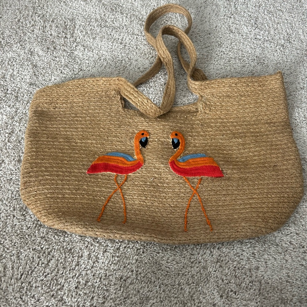 Embroidered Flamingo Jute Tote Bag